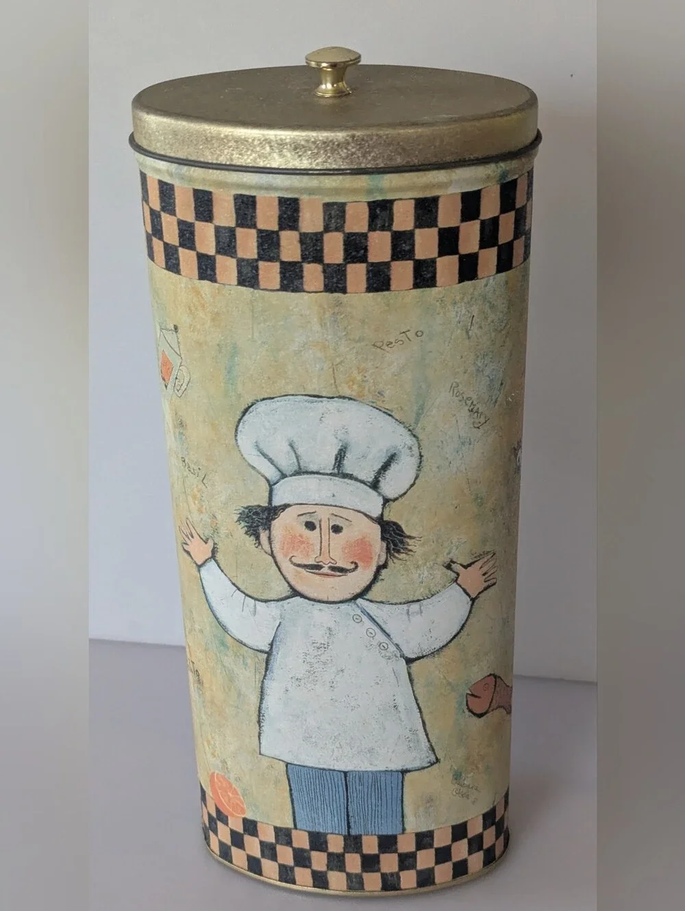 Collectible Chef Pasta Tin By Barbara Olsen. Kitchen Storage Tin with Lid. 11x5
